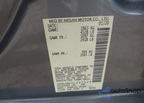 2020 Nissan Altima S Fwd from USA, damaged, VIN 1N4BL4BV7LC217523